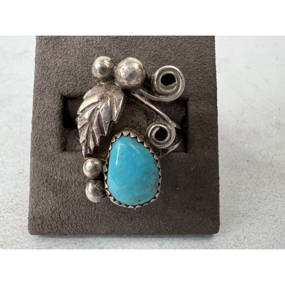 Vintage Sterling Silver Turquoise Ring - Size 7 Handmade Scroll Leaf Boho - Picture 1 of 7